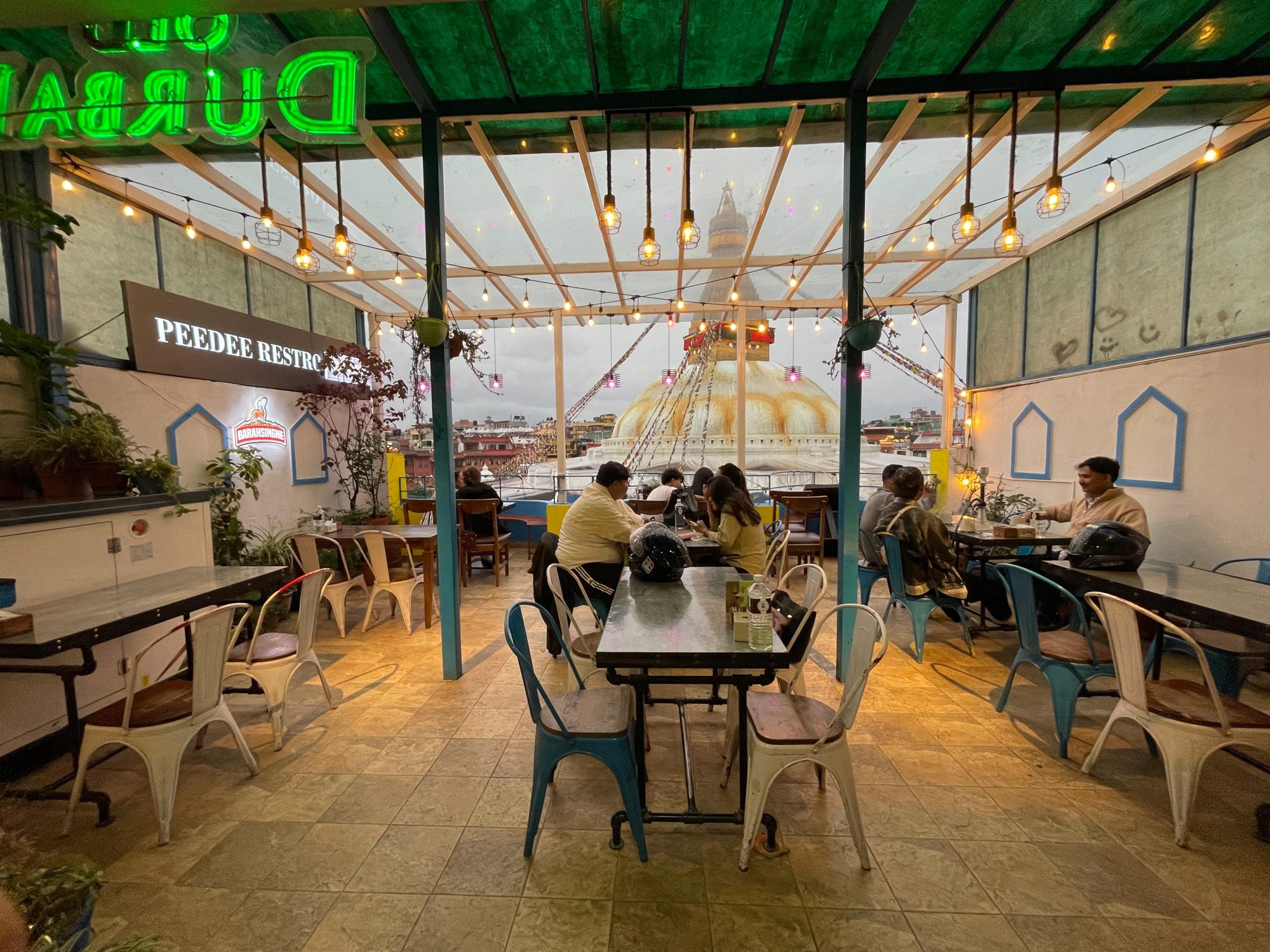 Rooftop dining at PeeDee Beans with the Boudha Stupa in view