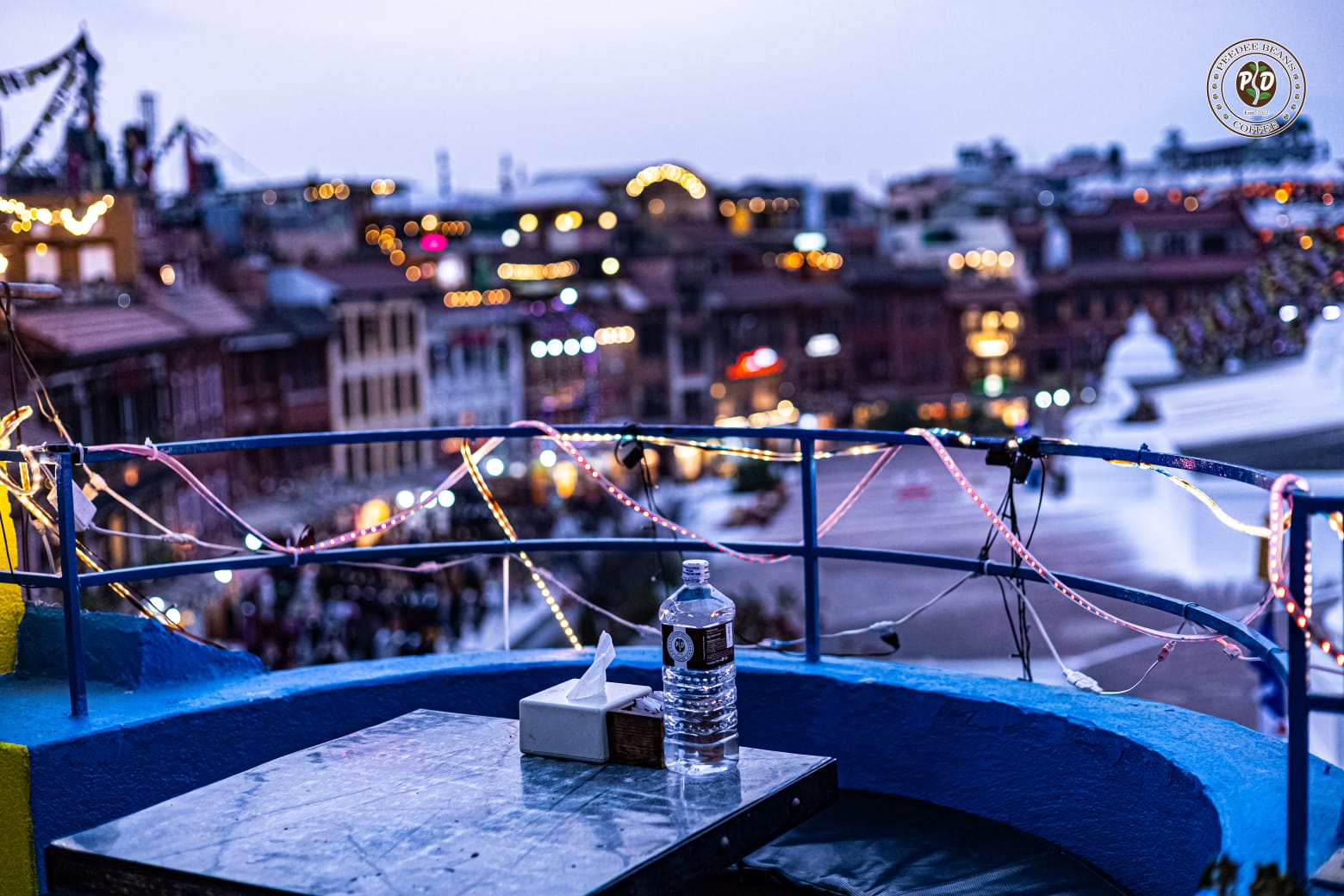 Boudha Stupa at twilight from the PeeDee Beans rooftop